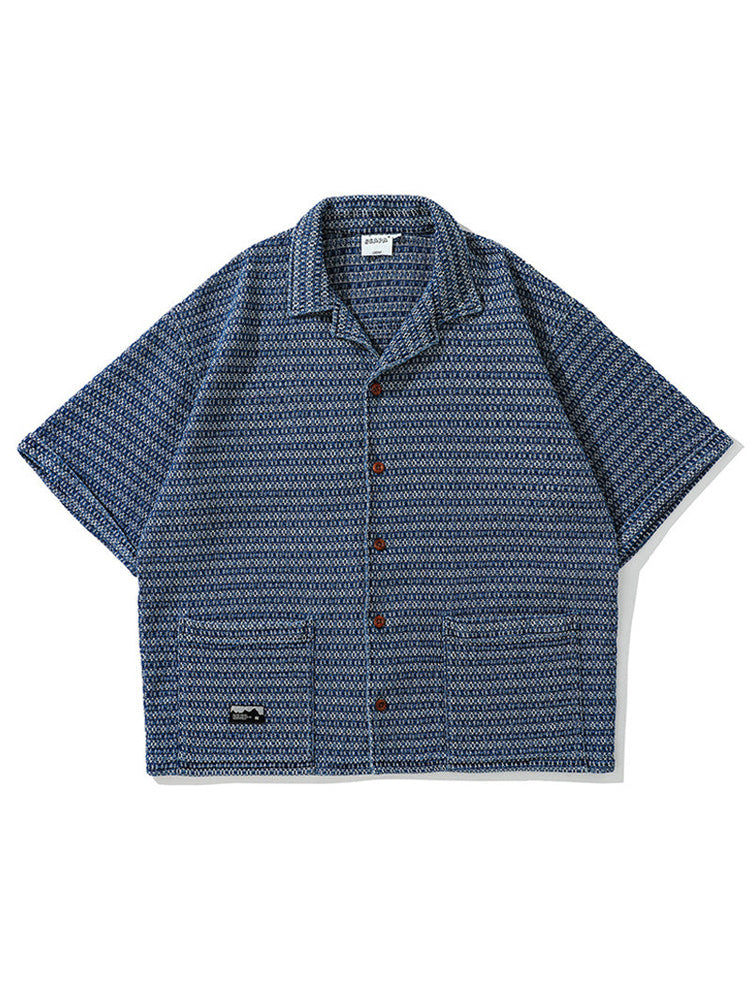 New Ethnic Tweed Pattern Cuban Short Sleeve Shirt