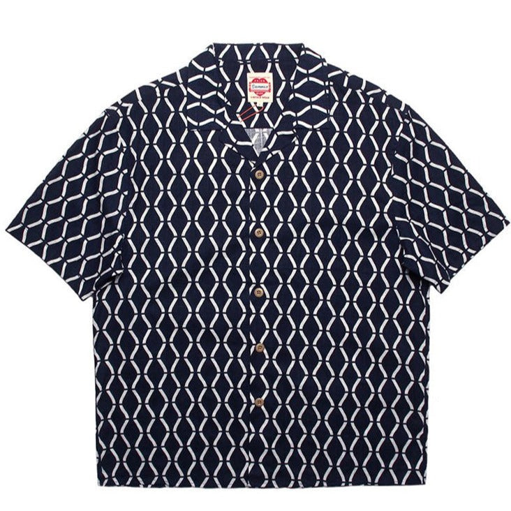 Indigo Dyed Cotton Linen Geometric Aloha Shirt