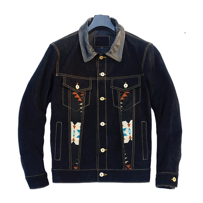 NAVAJO pattern suede jacket leather collar S-5XL
