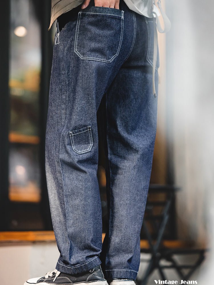 8.8OZ color combination stitch wide denim pants