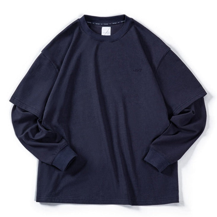 Crew Neck Faux Layered Cotton Long T