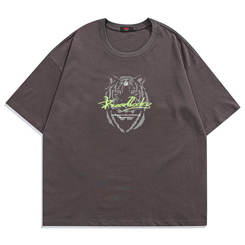 Front and rear tiger print crew neck T-shirt