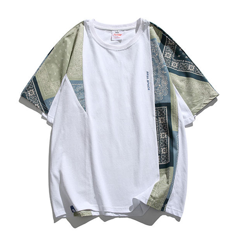 不規則ペイズリー柄切替 民族調Tシャツ