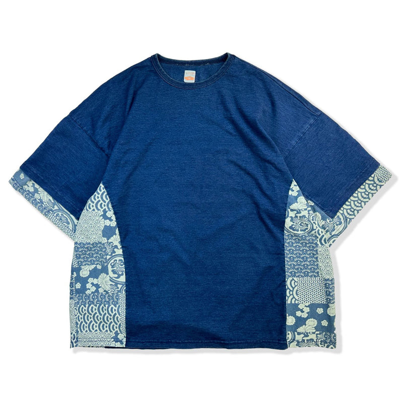 Japanese-patterned vintage patchwork indigo-dyed heavyweight cotton tee