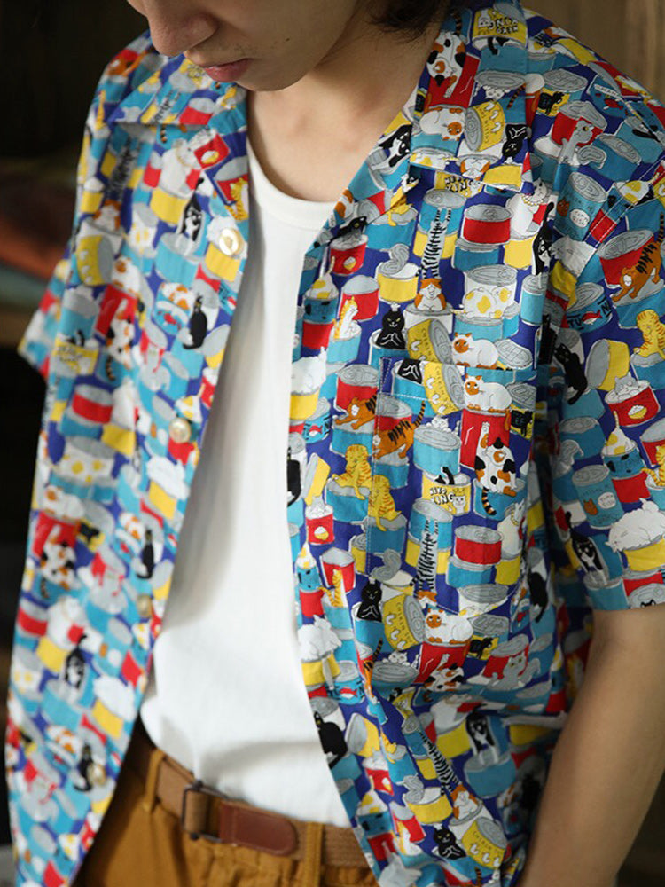 Cat and canned whole pattern Aloha shirt