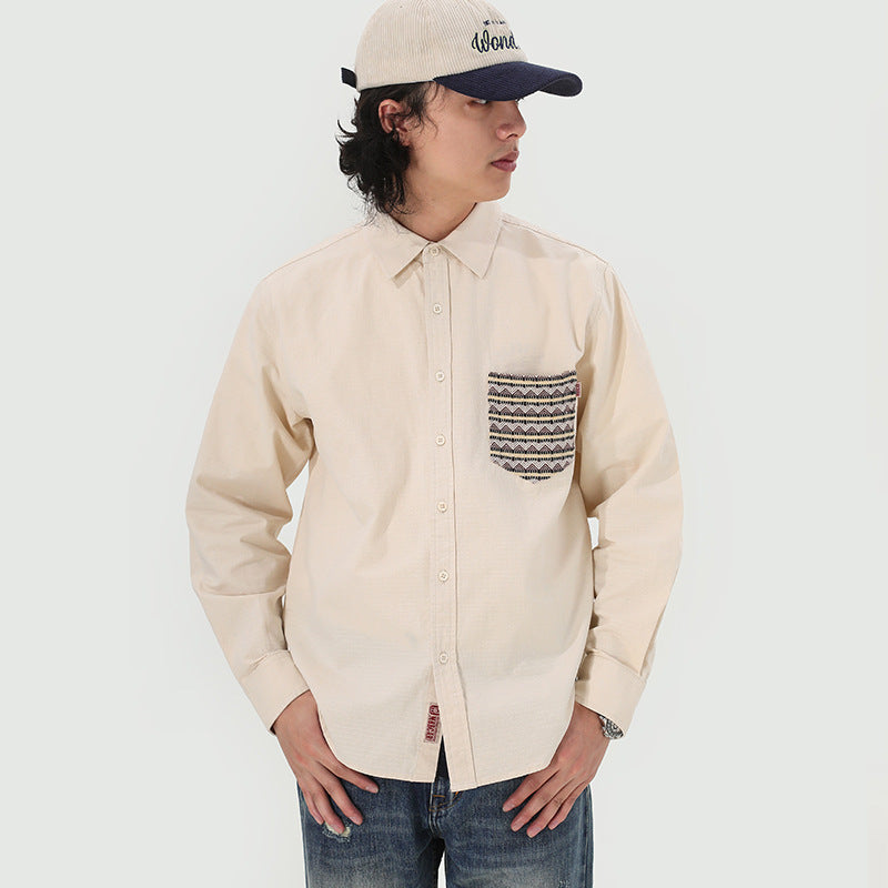 Ethnic Pattern Pocket Kibata Material Washed Shirt