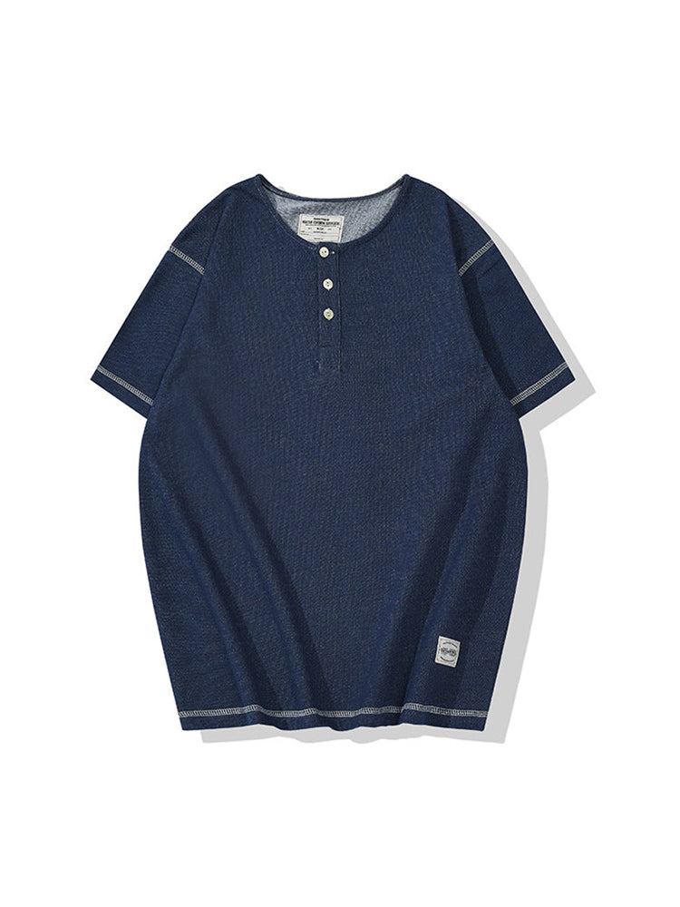 Denim knit henley neck short-sleeved T-shirt