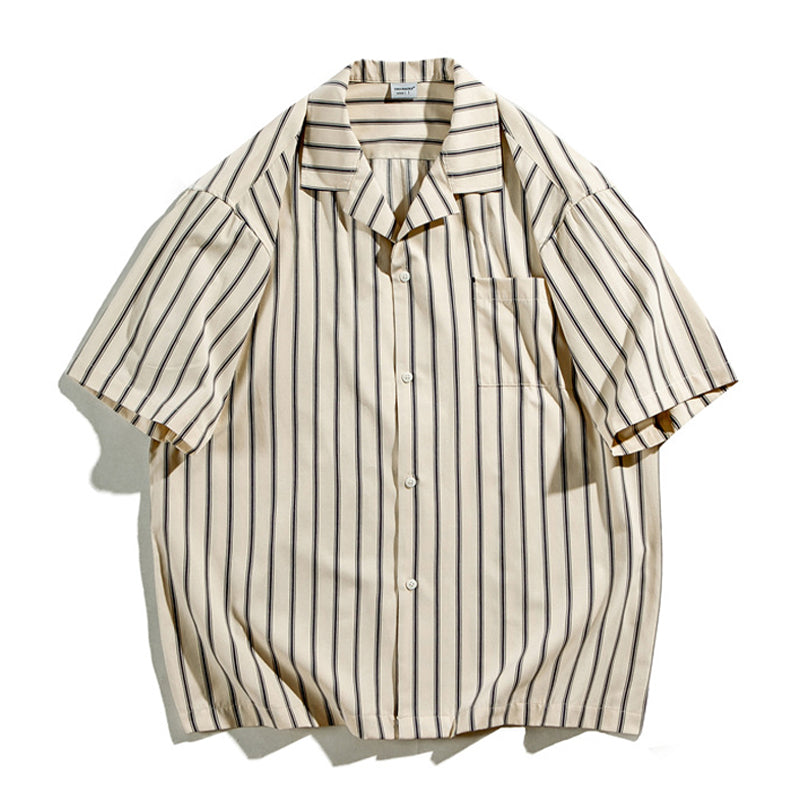 Open collar striped short-sleeved work shirt