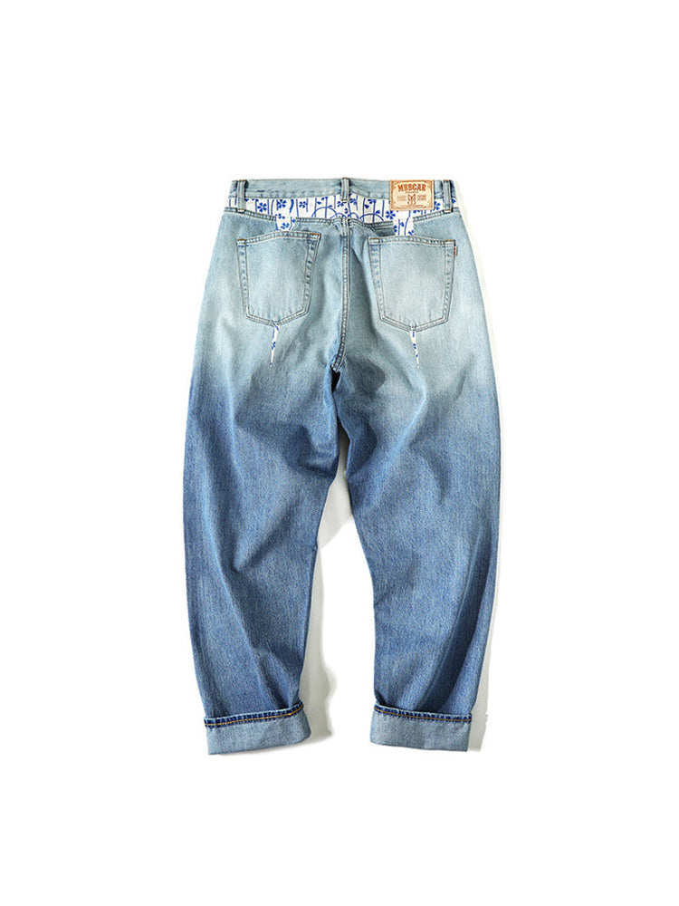 Gradation red selvage denim pants with back print