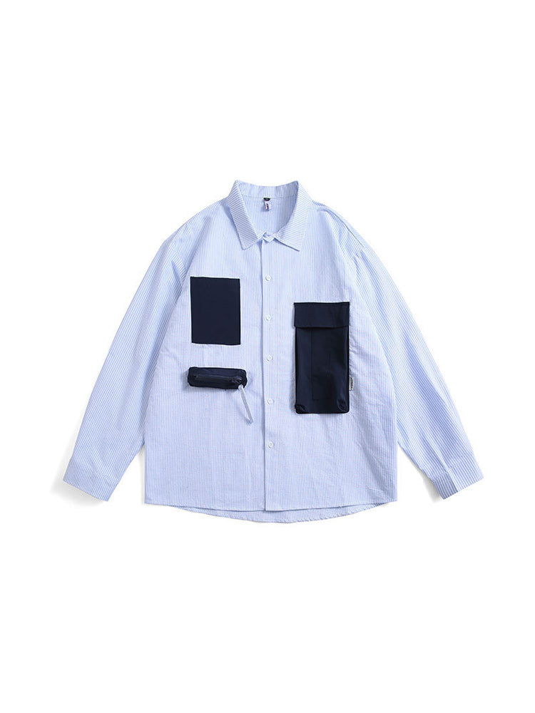 3D pocket switching striped shirt