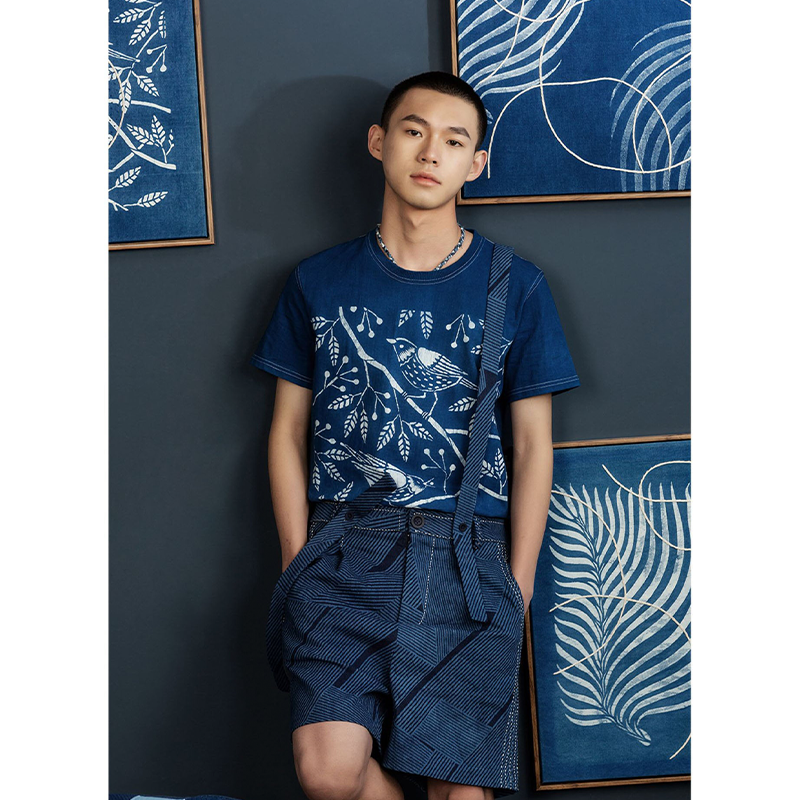 "Artisan discharge printing" magpie pattern indigo dyeing T-shirt