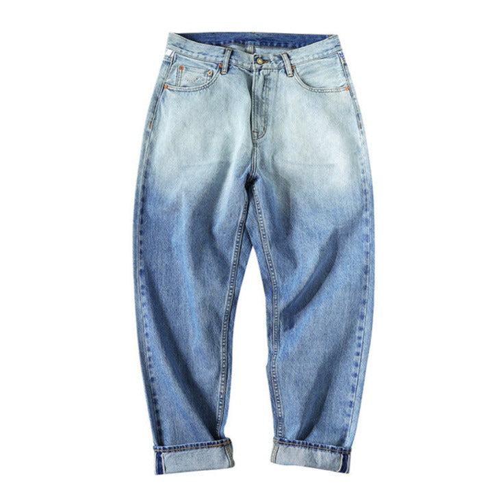 Gradation red selvage denim pants with back print