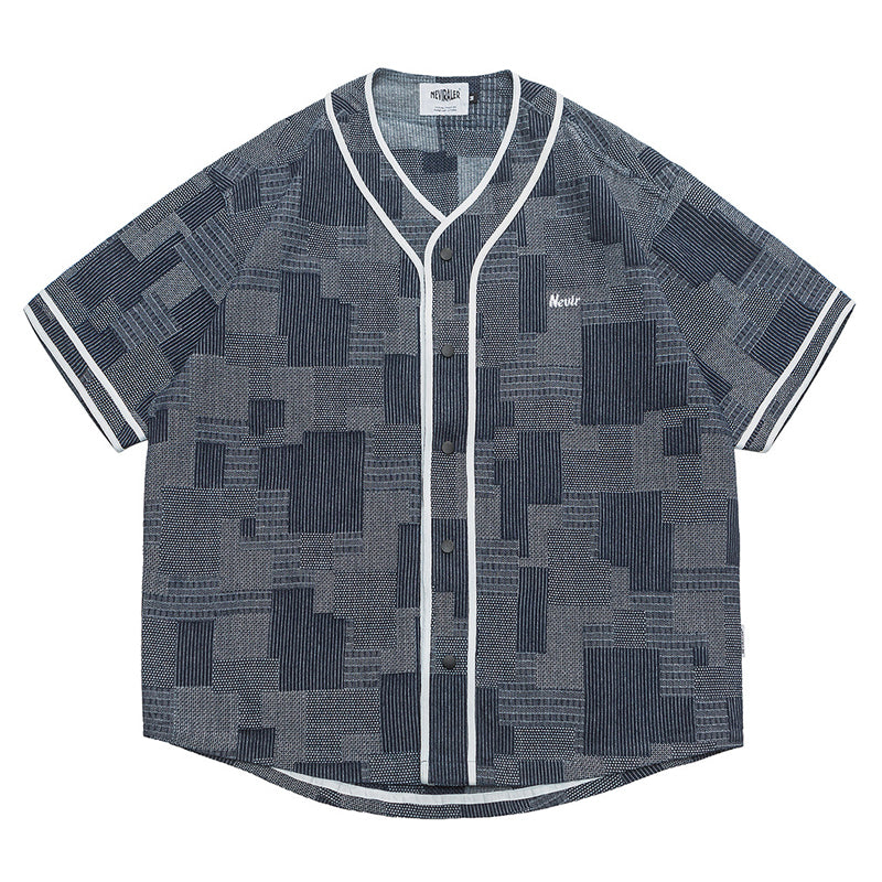 Jacquard Patchwork Denim Baseball Shirt