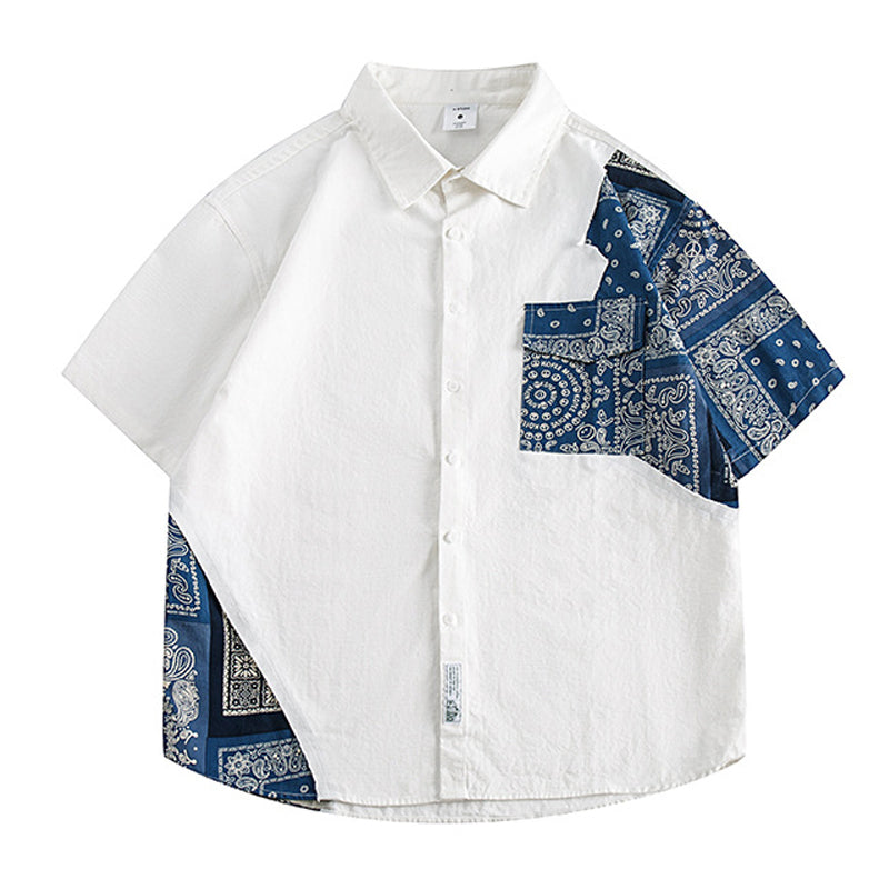 Irregular Paisley Print Cotton Short Sleeve Shirt
