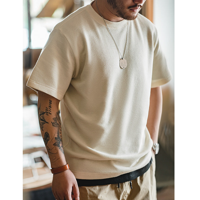 Draped waffle fabric knit T-shirt