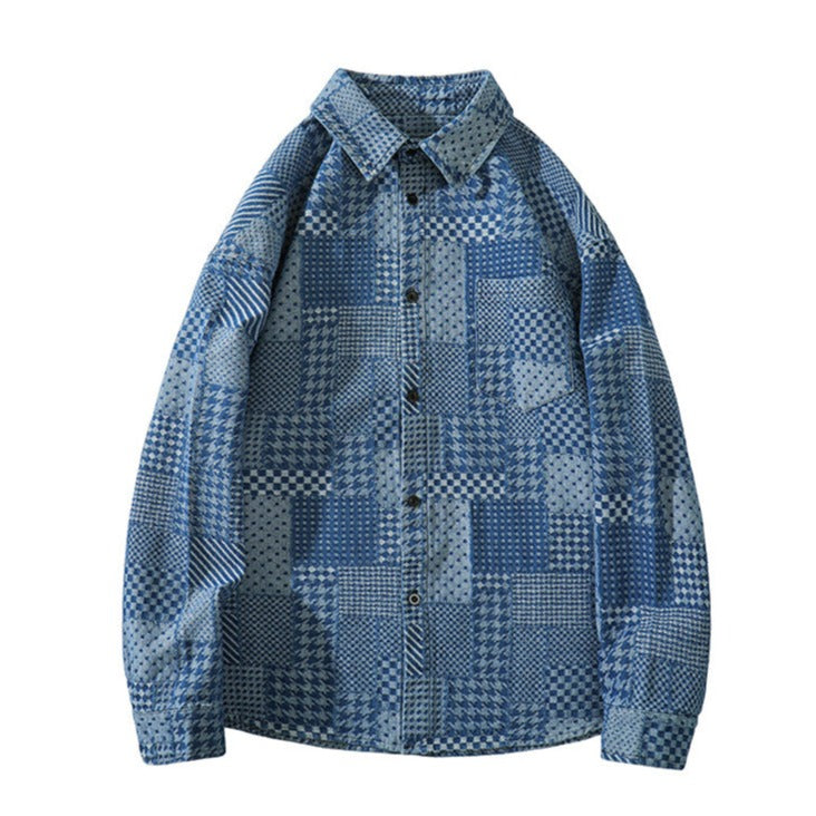 Boro-style jacquard yarn-dyed long-sleeve check pattern denim work shirt