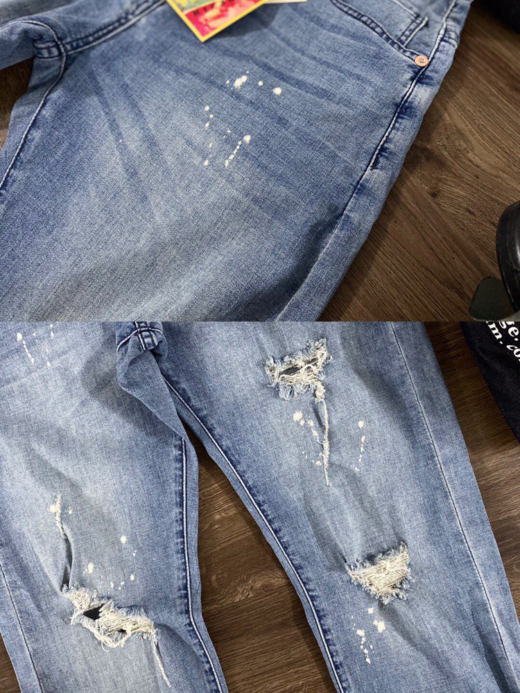 Painted and distressed washed red selvedge denim pants