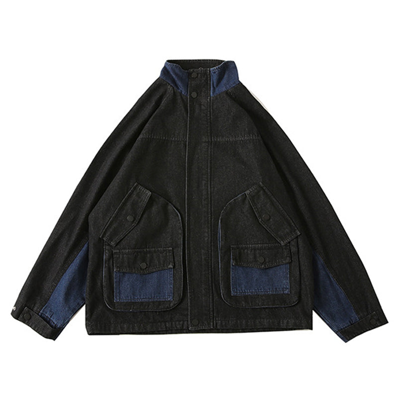 Three-dimensional pocket color scheme switching denim jacket