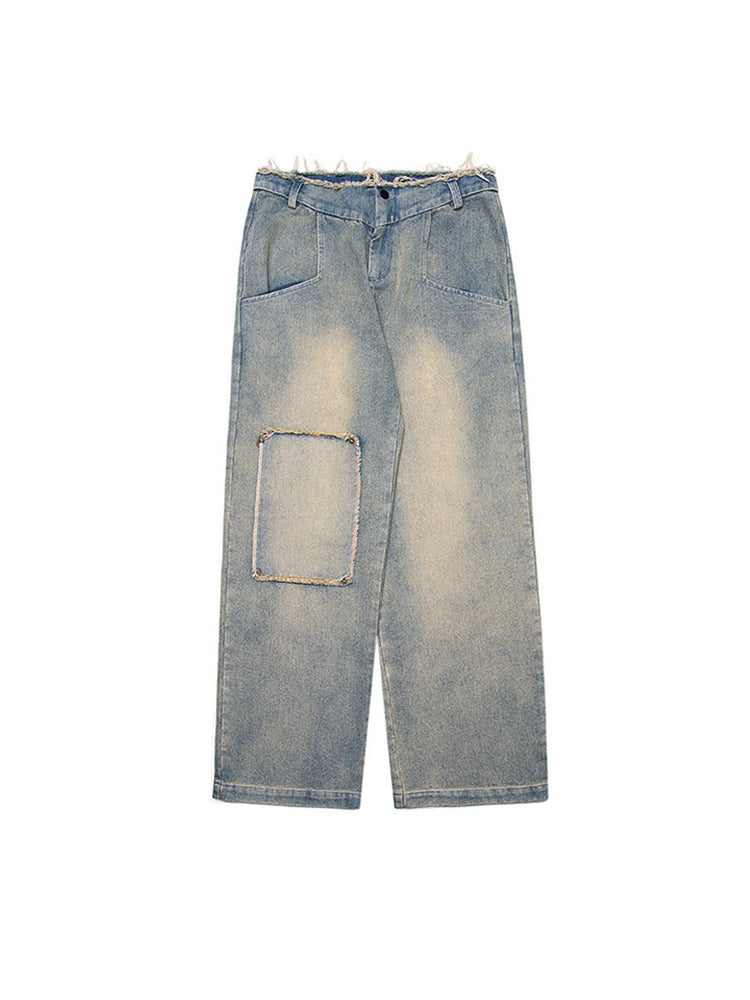 WASHED PATCHWORK WIDE DENIM PANTS