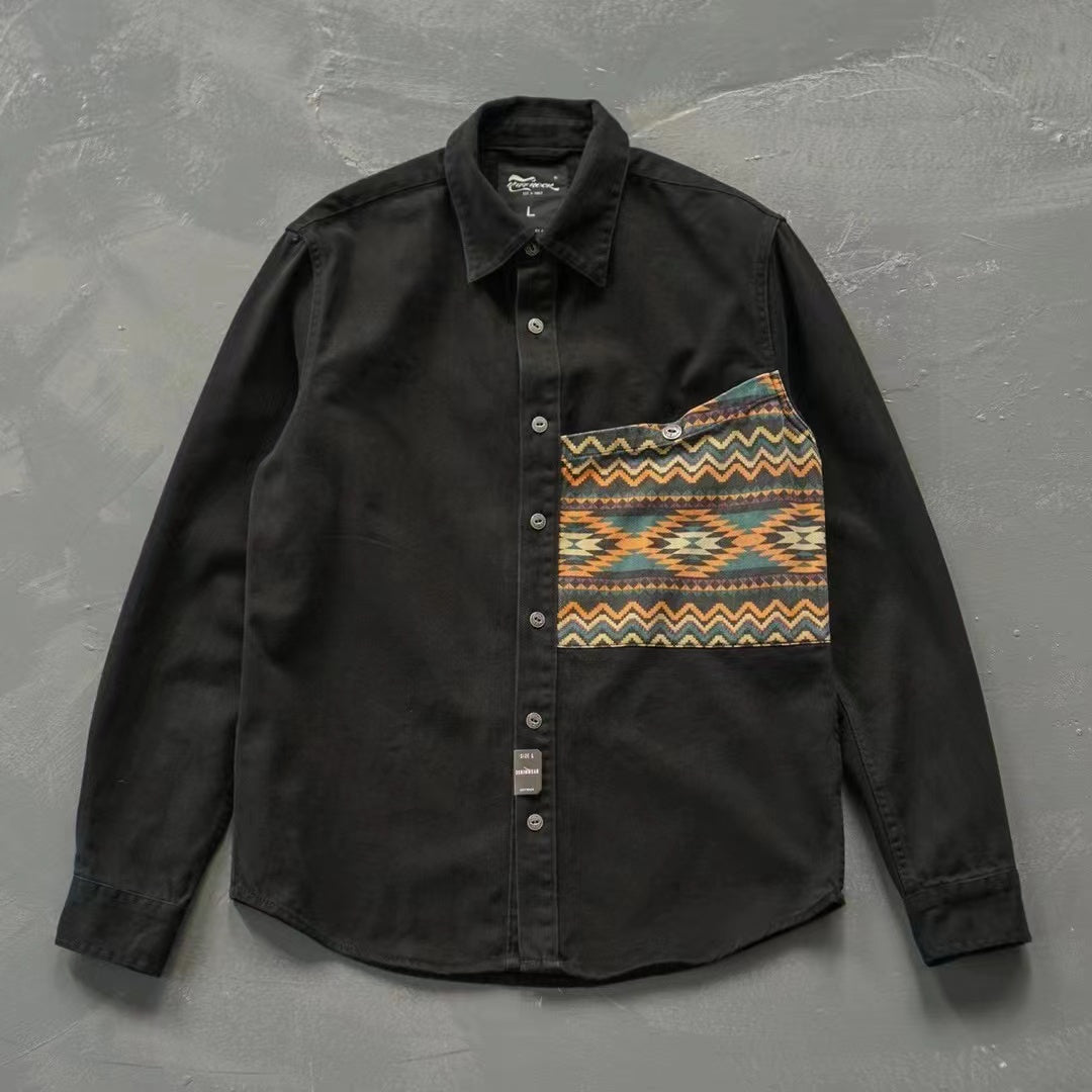 Twill shirt jacket with American Indian totem pocket
