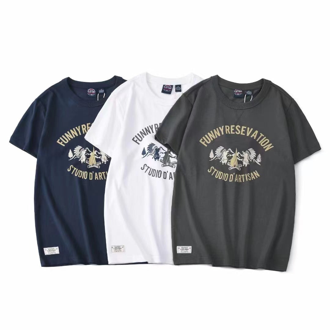 Double weave American casual print T-shirt 3 colors