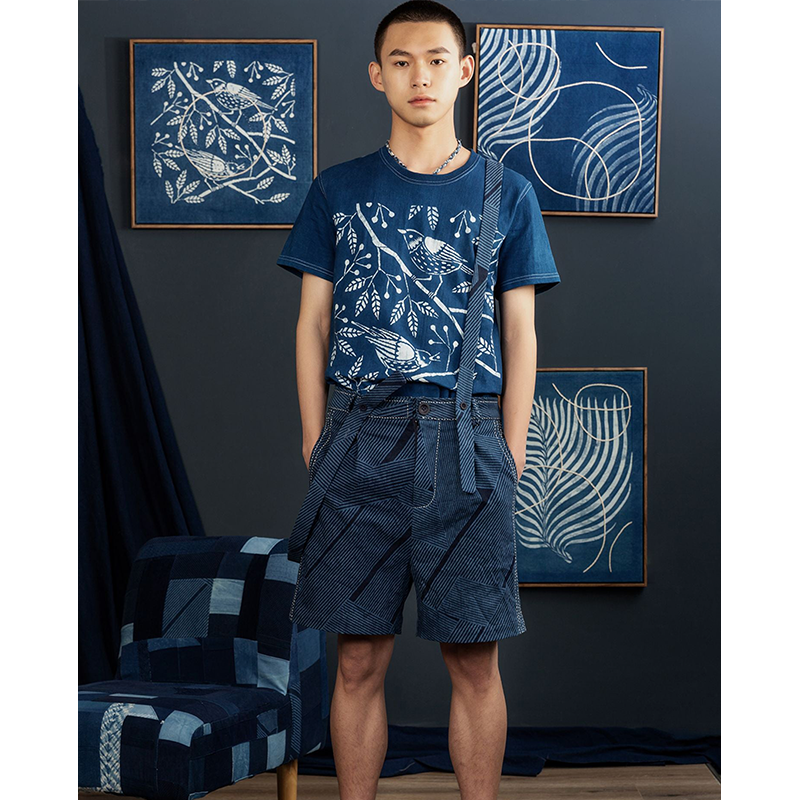 "Artisan discharge printing" magpie pattern indigo dyeing T-shirt