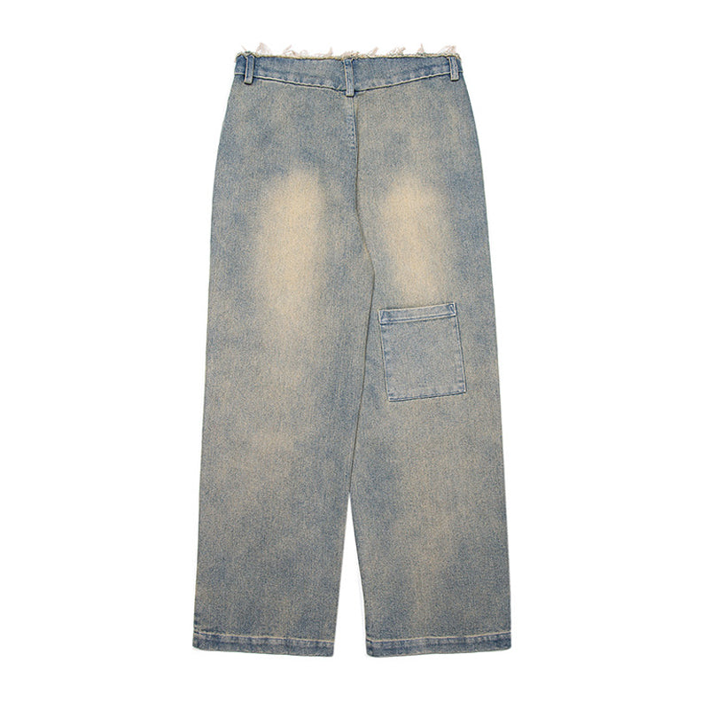 WASHED PATCHWORK WIDE DENIM PANTS