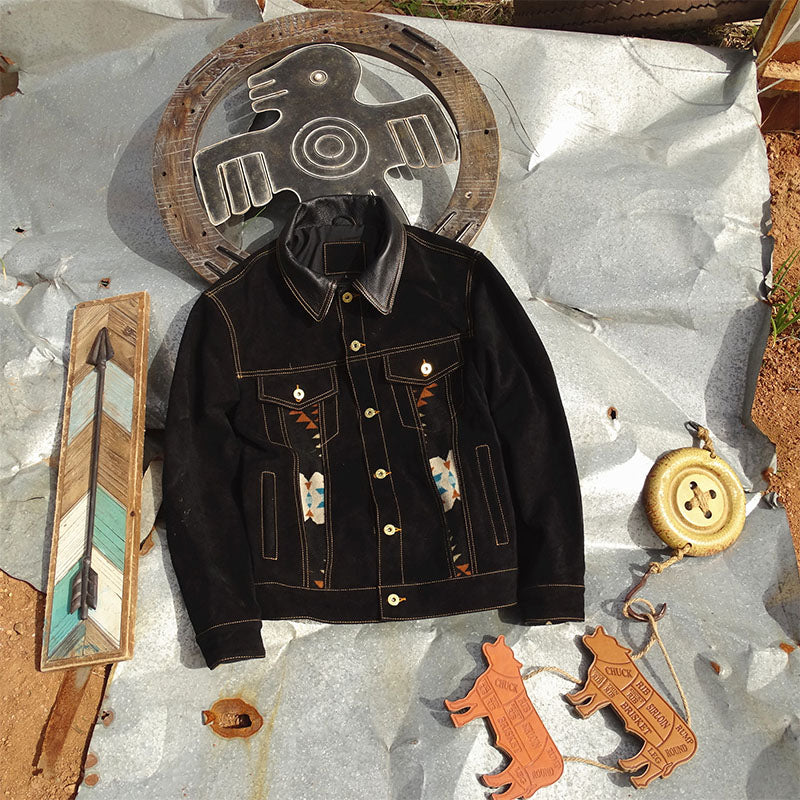 NAVAJO pattern suede jacket leather collar S-5XL