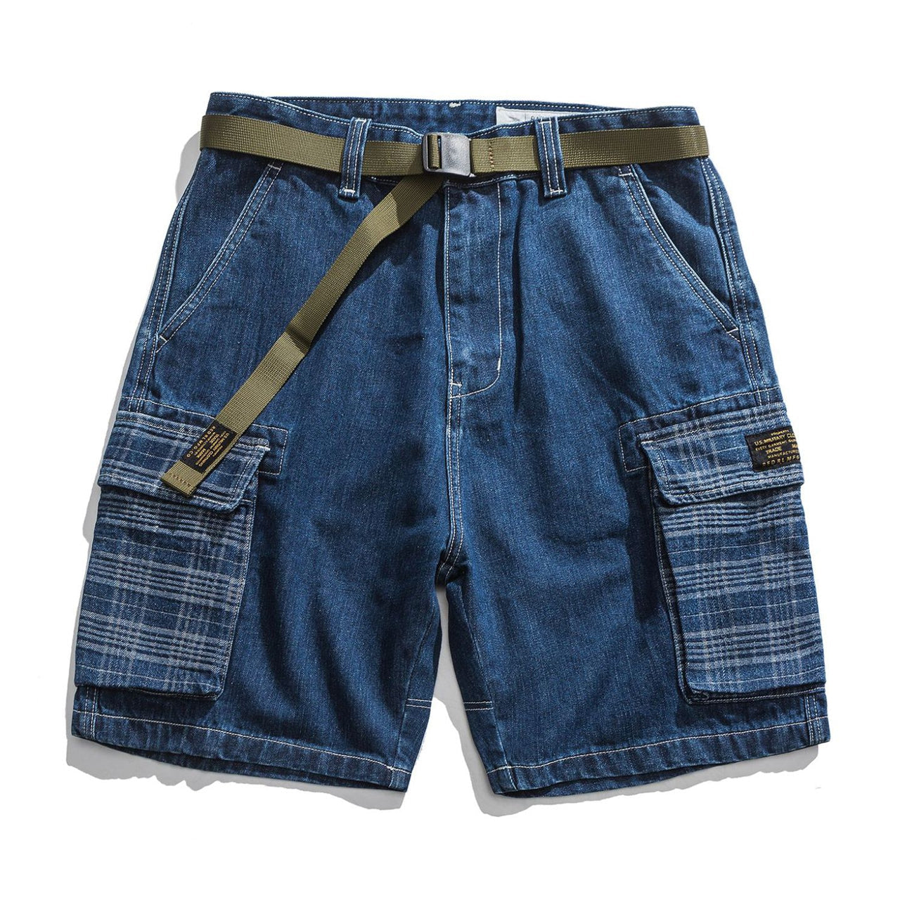 Belted check pocket denim shorts