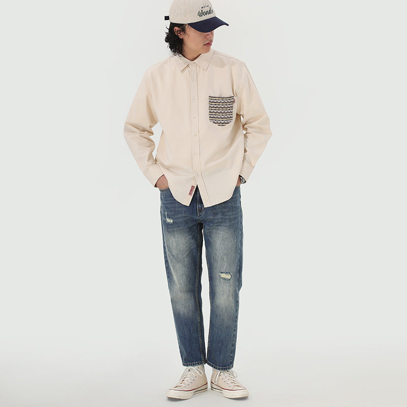 Ethnic Pattern Pocket Kibata Material Washed Shirt