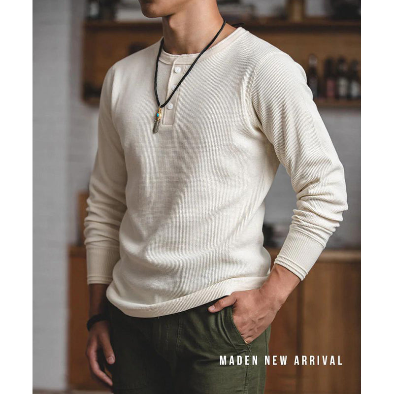 3 button waffle henley neck cut and sew