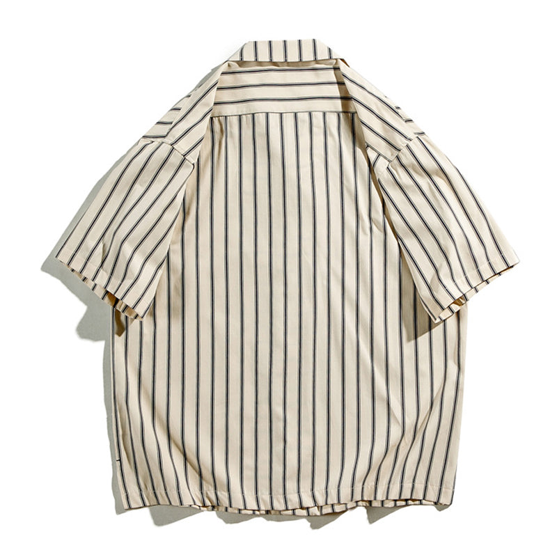 Open collar striped short-sleeved work shirt