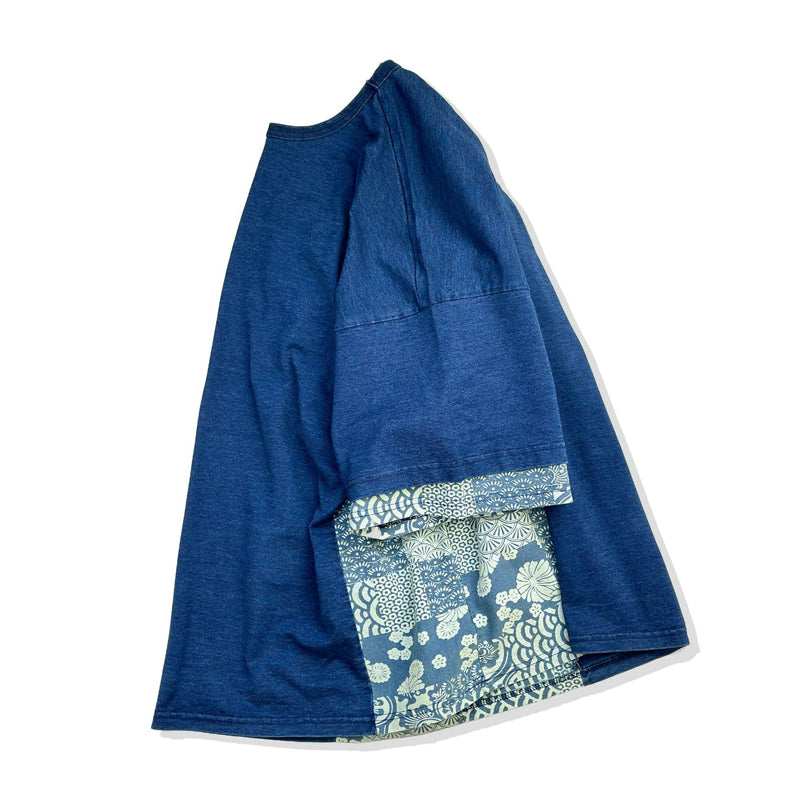 Japanese-patterned vintage patchwork indigo-dyed heavyweight cotton tee