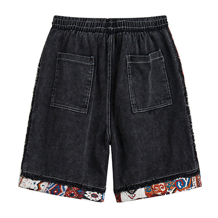 Ethnic jacquard patchwork denim shorts
