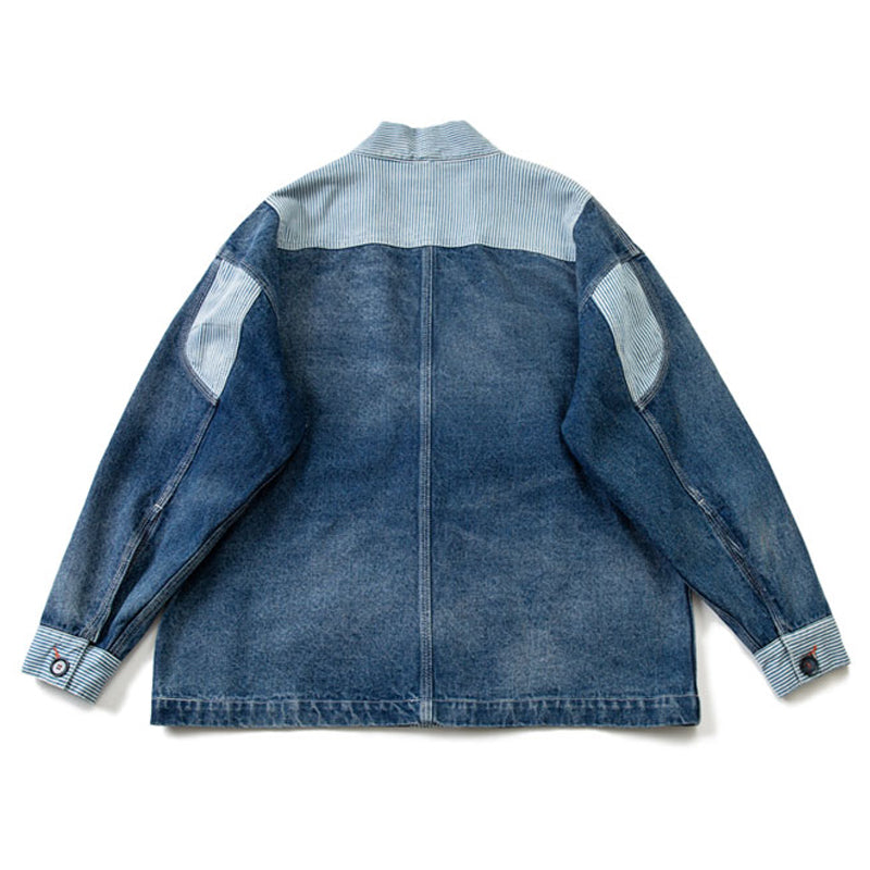 Color scheme switching stripe no-collar denim jacket