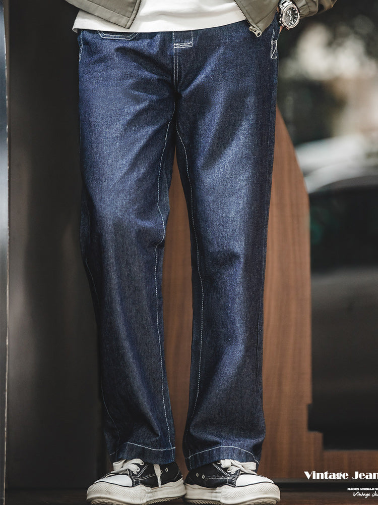 8.8OZ color combination stitch wide denim pants