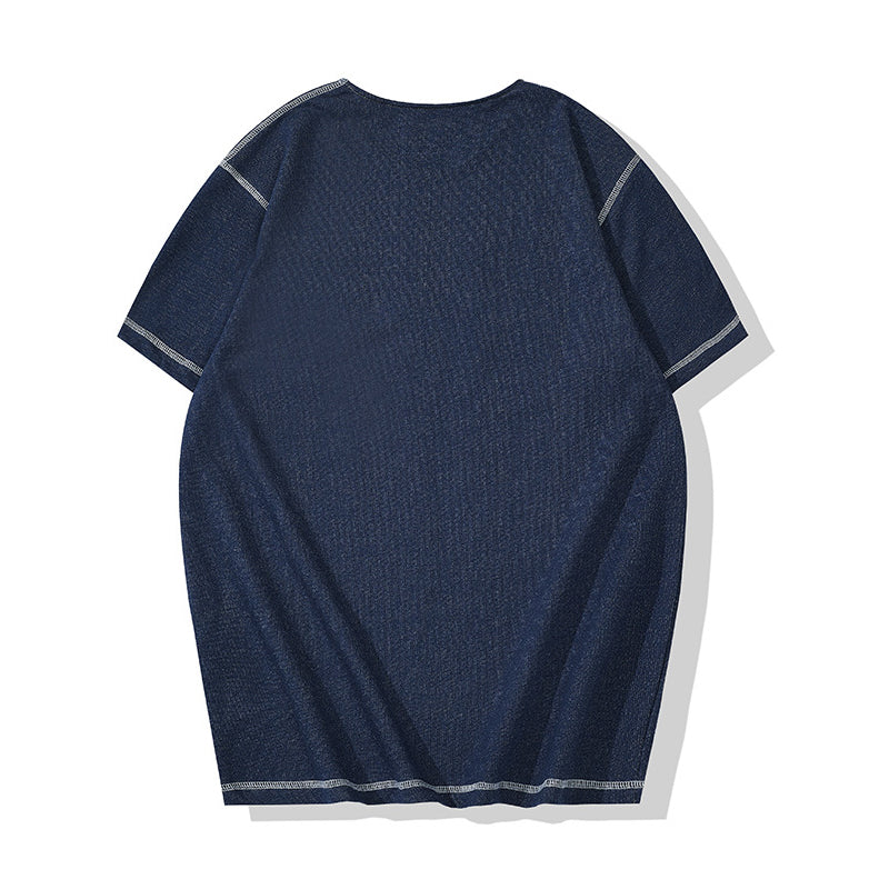 Denim knit henley neck short-sleeved T-shirt