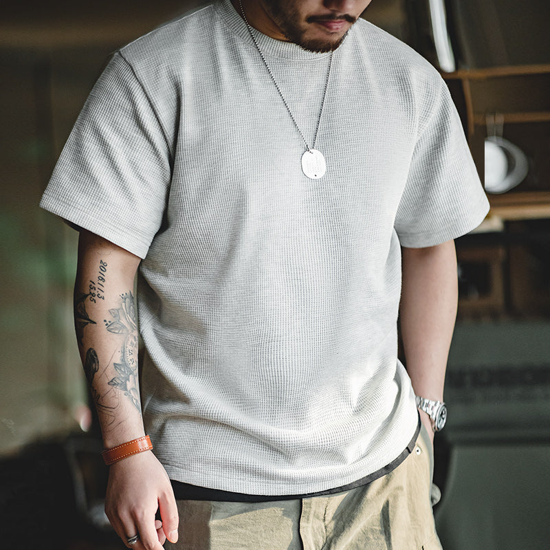 Draped waffle fabric knit T-shirt