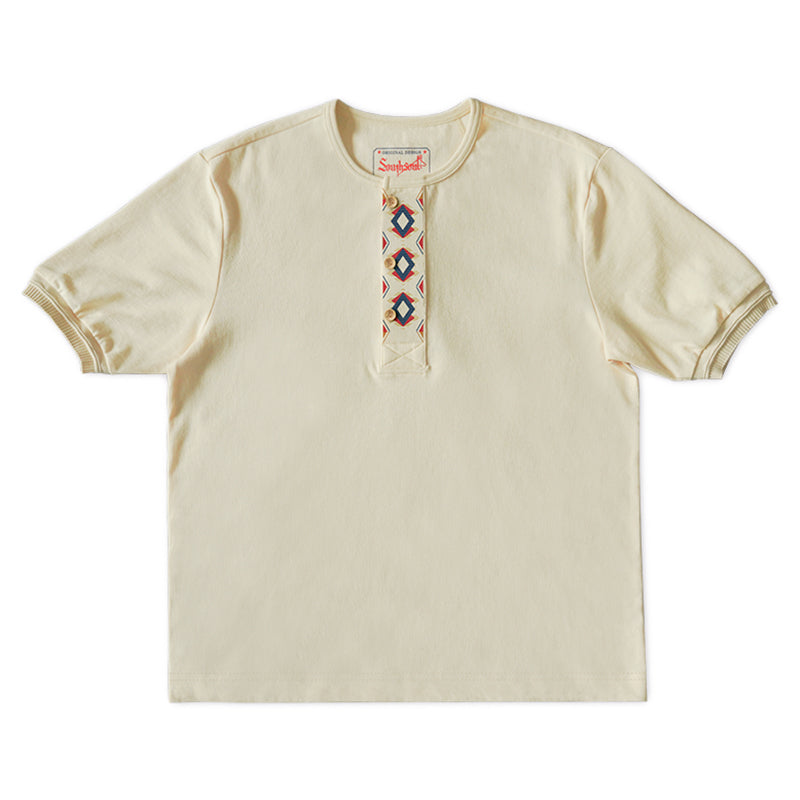 Navajo & Floral Embroidery 2-Pattern Heavyweight Henley Neck T-Shirt