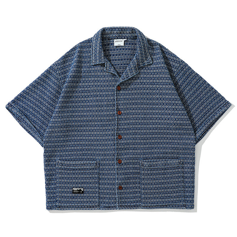New Ethnic Tweed Pattern Cuban Short Sleeve Shirt