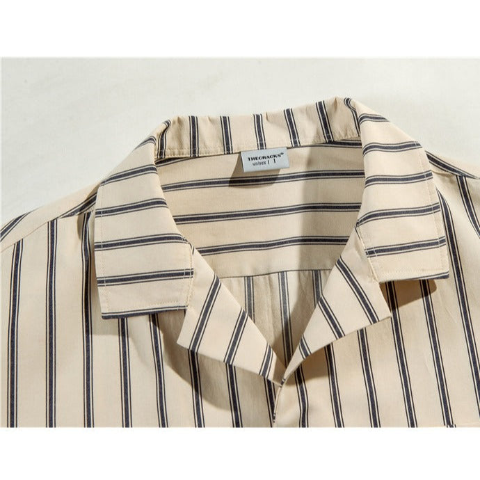 Open collar striped short-sleeved work shirt