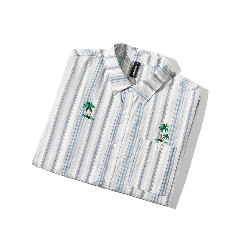 Palm tree embroidered multi-stripe shirt