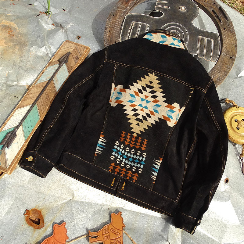 NAVAJO pattern suede jacket leather collar S-5XL