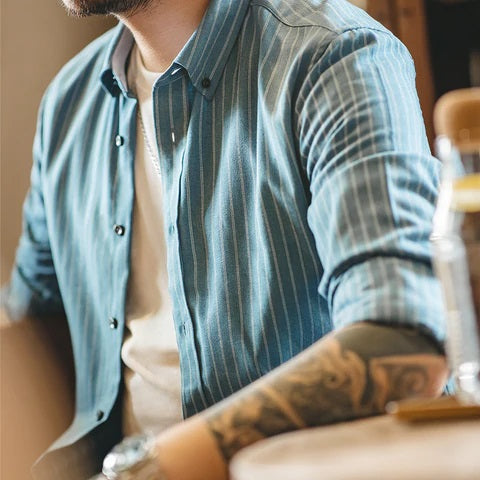 Men's American Retro Striped Shirt Lapel Long Sleeve