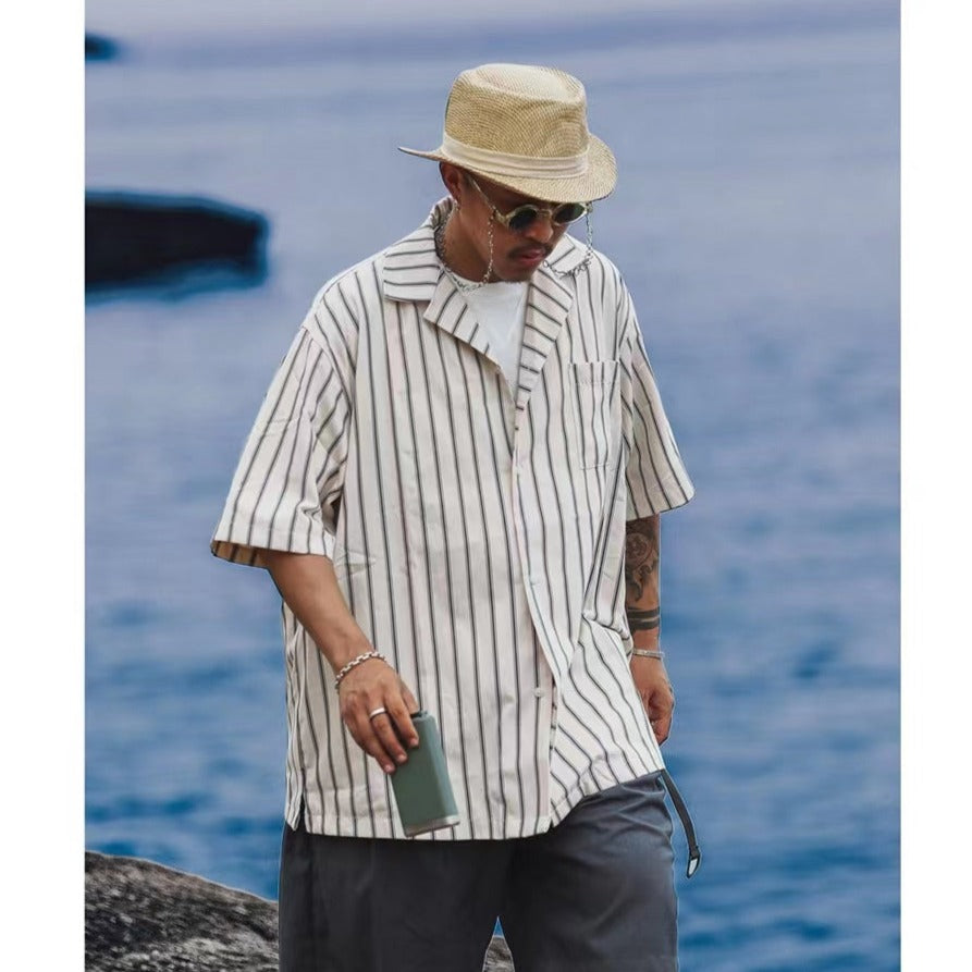 Open collar striped short-sleeved work shirt