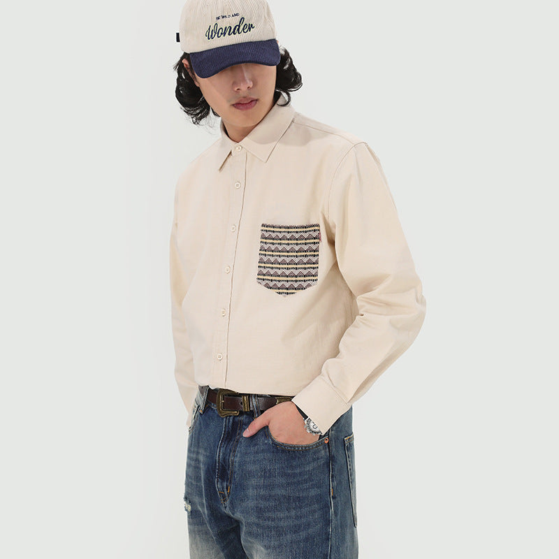 Ethnic Pattern Pocket Kibata Material Washed Shirt