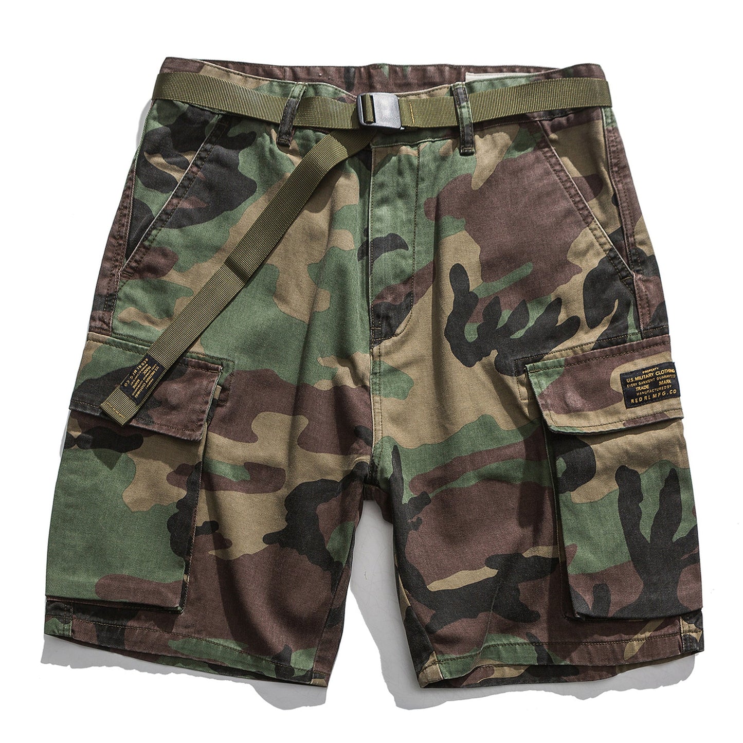 Camouflage military shorts with belt