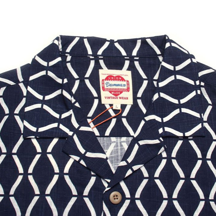 Indigo Dyed Cotton Linen Geometric Aloha Shirt