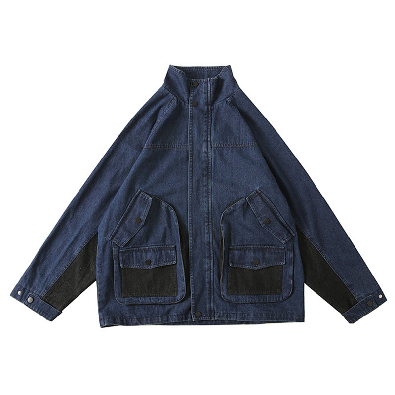 Three-dimensional pocket color scheme switching denim jacket