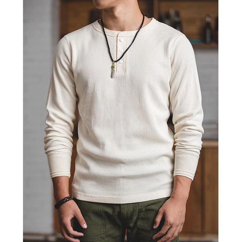 3 button waffle henley neck cut and sew